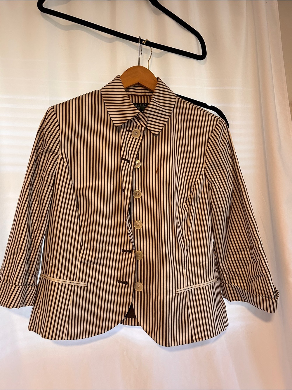 Lauren Ralph Lauren Brown Ivory Striped Cotton Silk Blazer Jacket 16